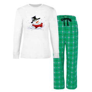 White and Green Flannel Snow Man's Delight Women's Long Sleeve Top and Flannel Christmas Pajama Set - women's pajamas at TFC&H Co.
