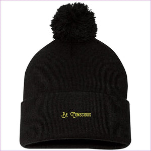 SP15 Pom Pom Knit Cap Black One Size - Be Conscious Embroidered Knit Cap, Cap, Beanie - Beanie at TFC&H Co.