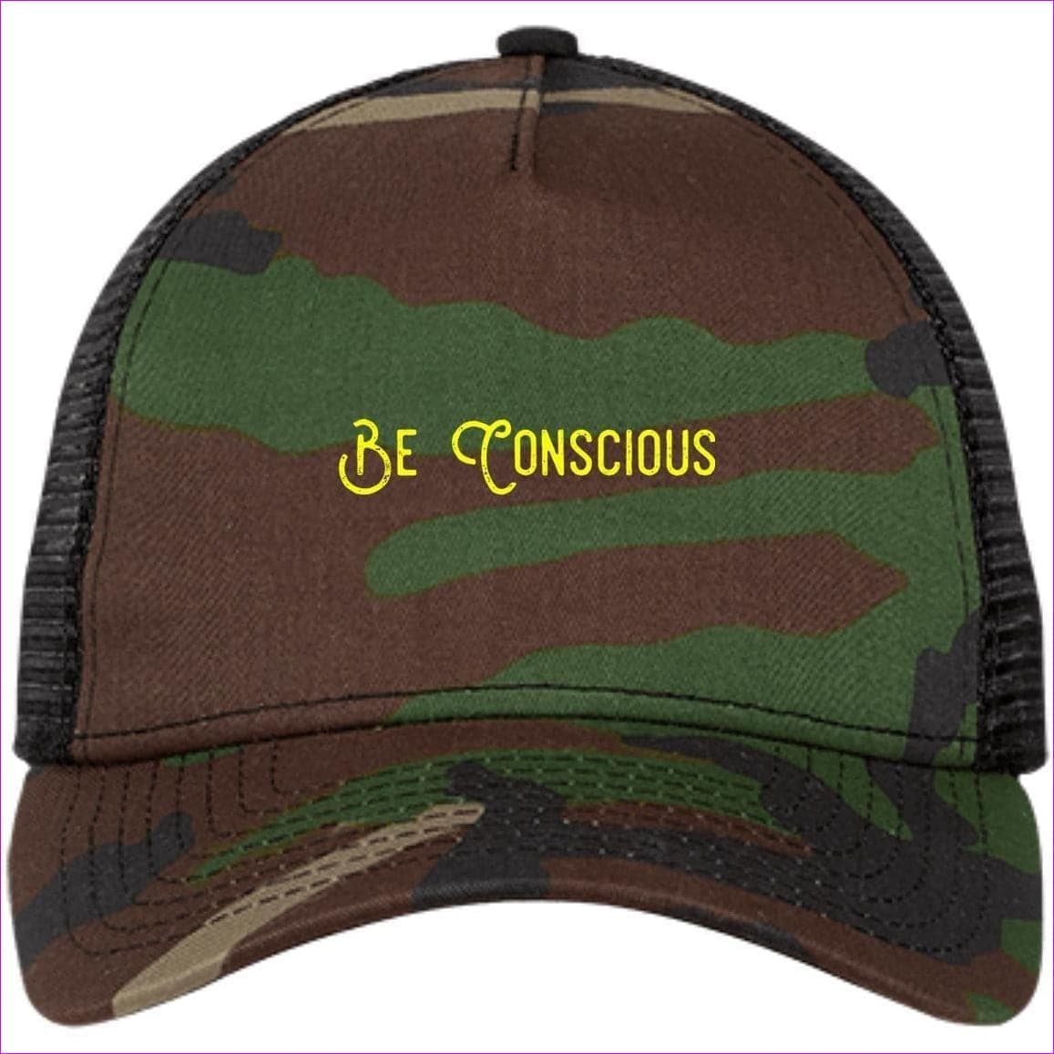 NE205 Snapback Trucker Cap Camo/Black One Size - Be Conscious Embroidered Knit Cap, Cap, Beanie - Beanie at TFC&H Co.