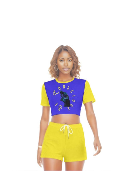 Blue - Yellow Be Conscious Womens O-neck T-shirt Short Set - women's top & short set at TFC&H Co.