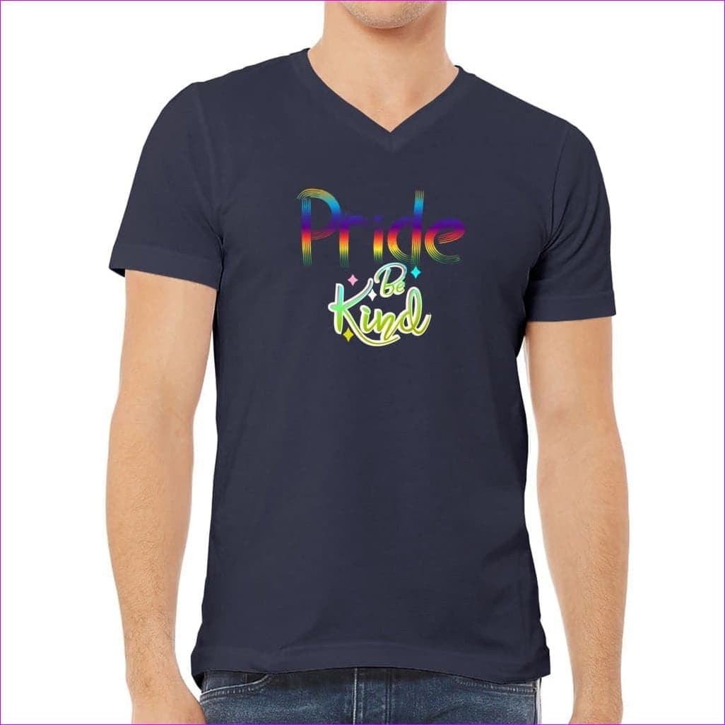 Navy - Be Kind Pride Unisex Jersey V-Neck Tee - Ships from The USA - Unisex T-Shirt at TFC&H Co.