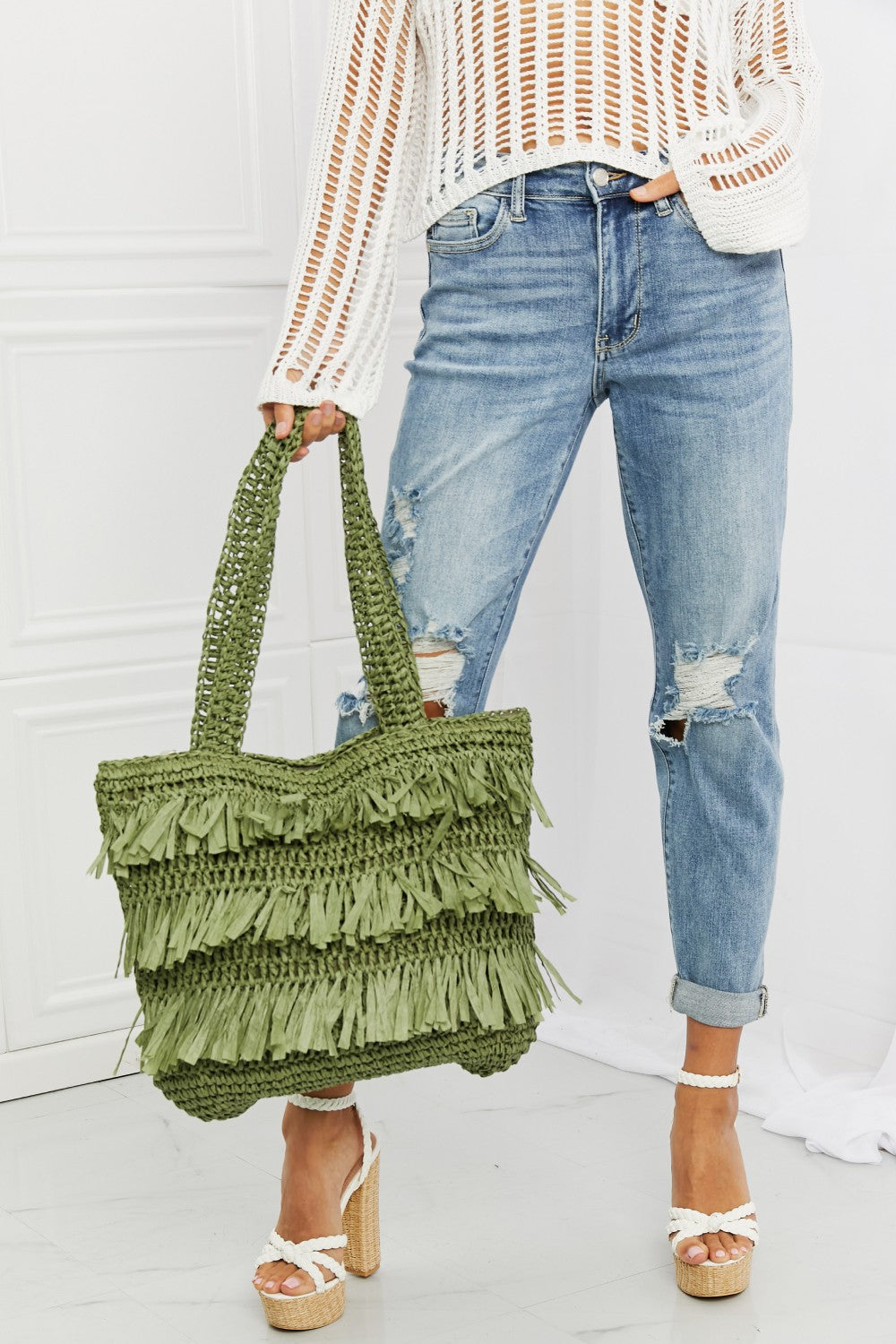 OLIVE ONE SIZE Fame The Last Straw Fringe Straw Tote Bag - Ships from The US - Tote bags at TFC&H Co.