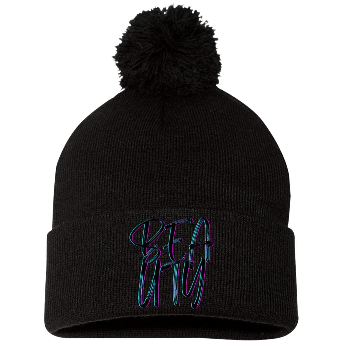 Black One Size - Beauty Embroidered Pom Pom Knit Cap - Hats at TFC&H Co.