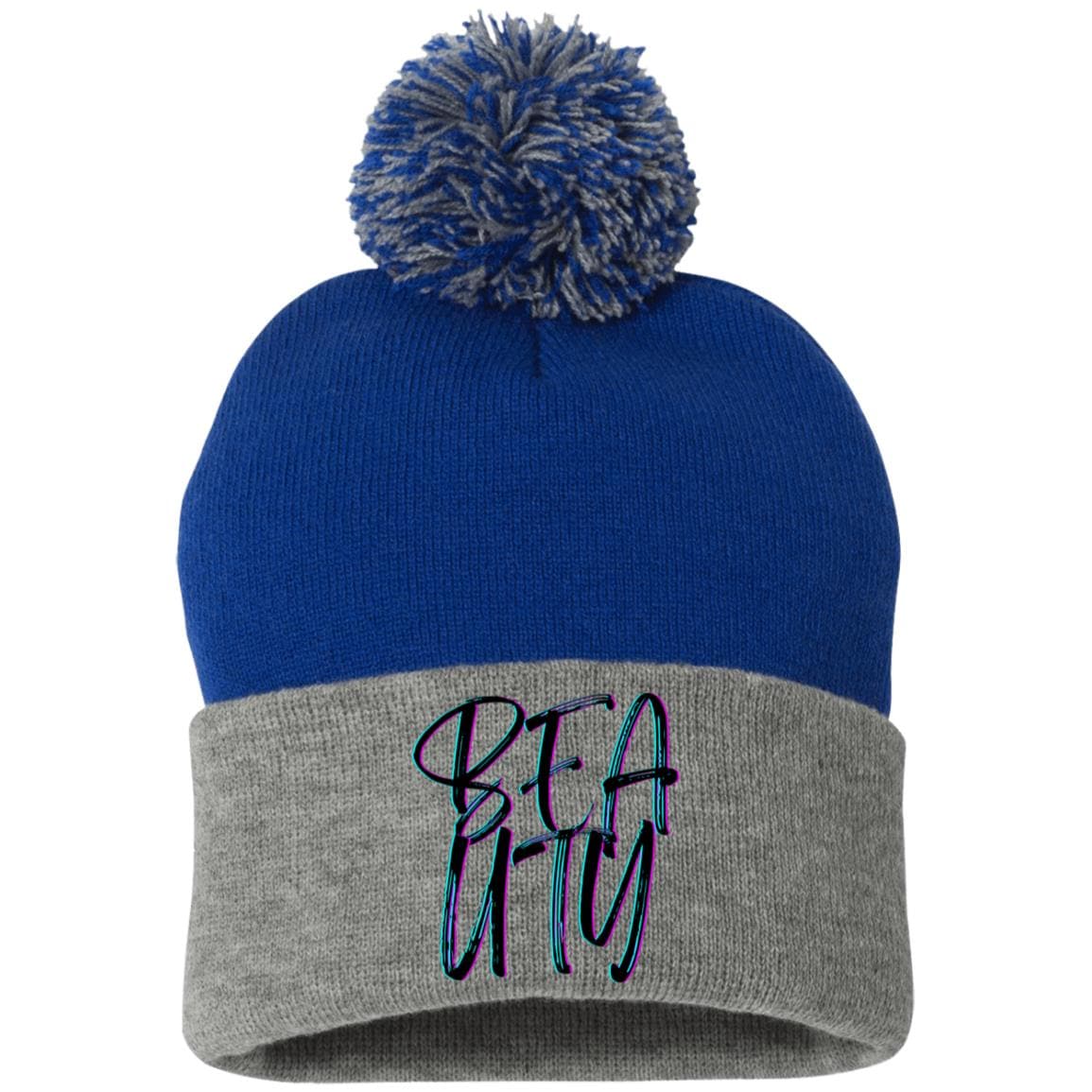 Royal/Heather Grey One Size - Beauty Embroidered Pom Pom Knit Cap - Hats at TFC&H Co.