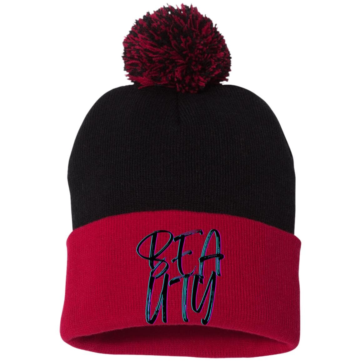 Red Black One Size - Beauty Embroidered Pom Pom Knit Cap - Hats at TFC&H Co.