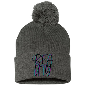 Dark Heather/ One Size - Beauty Embroidered Pom Pom Knit Cap - Hats at TFC&H Co.
