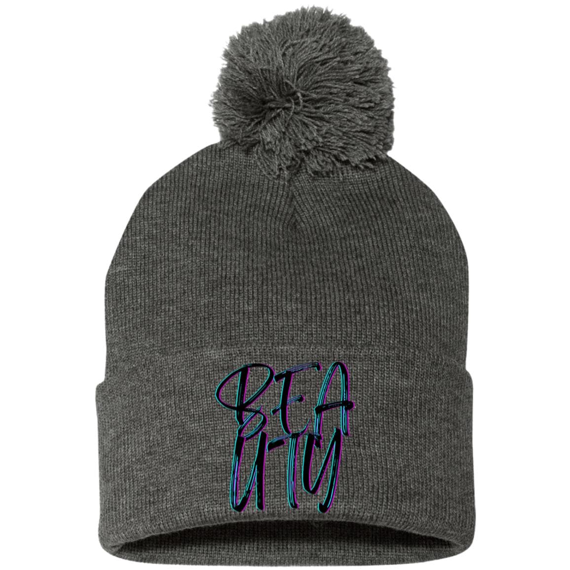 Dark Heather One Size - Beauty Embroidered Pom Pom Knit Cap - Hats at TFC&H Co.