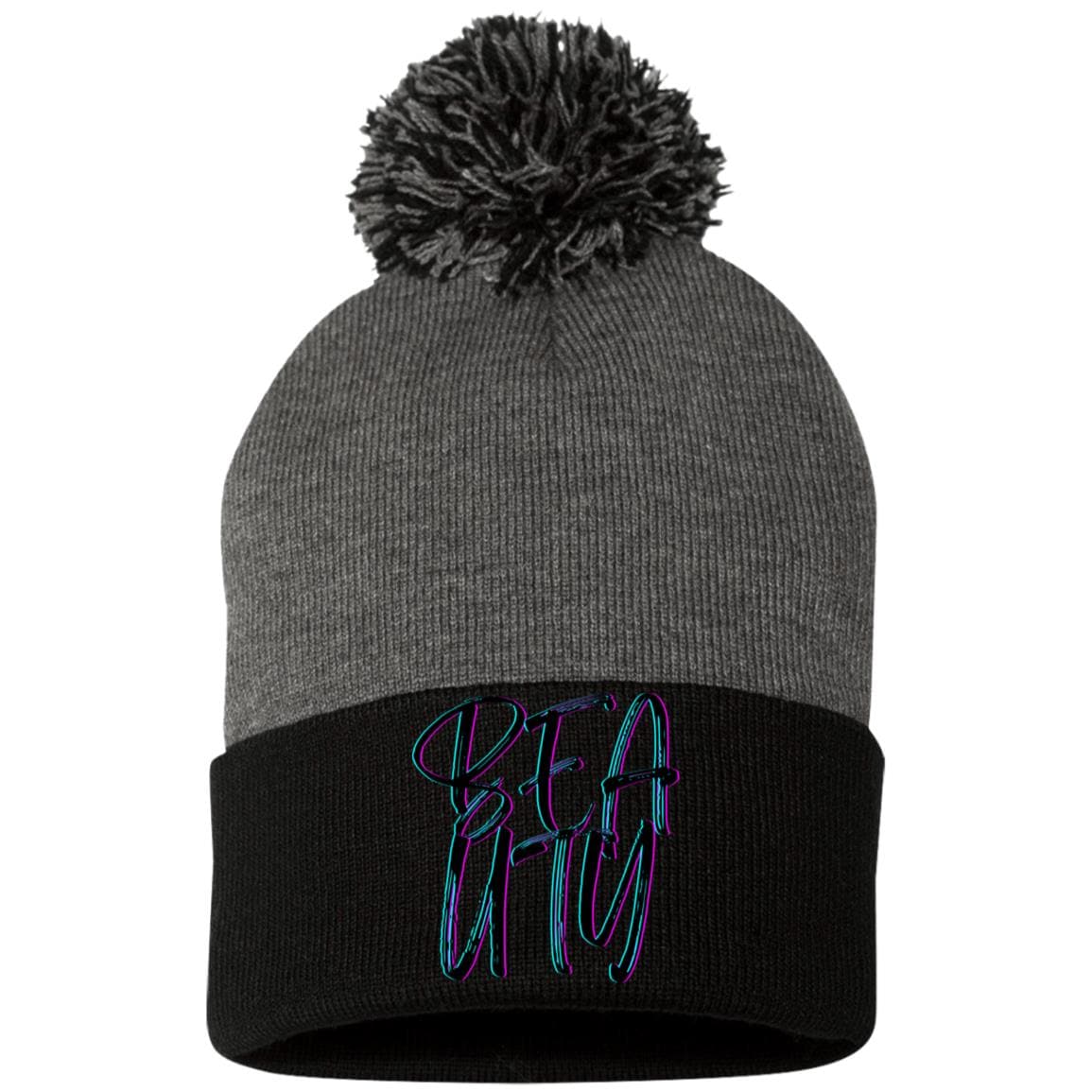 Black Dark Heather One Size - Beauty Embroidered Pom Pom Knit Cap - Hats at TFC&H Co.