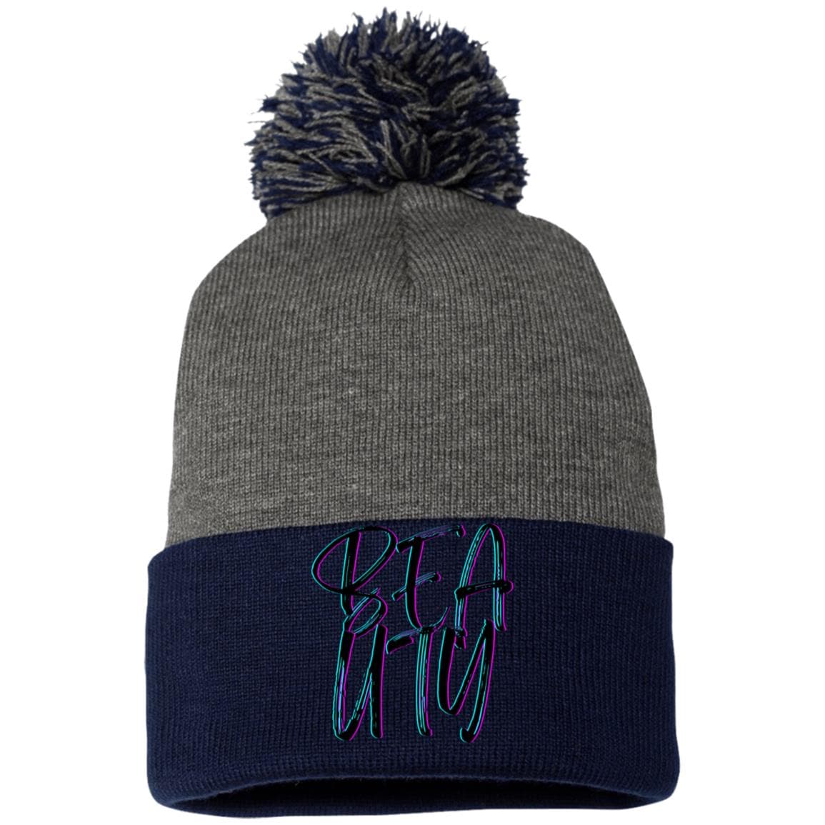 Navy Dark Heather One Size - Beauty Embroidered Pom Pom Knit Cap - Hats at TFC&H Co.