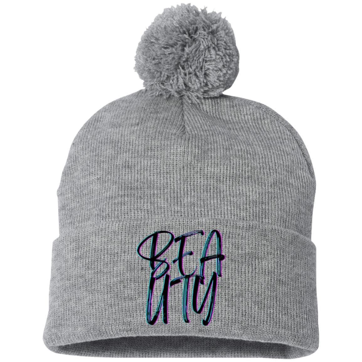 Heather Grey One Size - Beauty Embroidered Pom Pom Knit Cap - Hats at TFC&H Co.