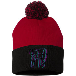 Black/Red One Size - Beauty Embroidered Pom Pom Knit Cap - Hats at TFC&H Co.