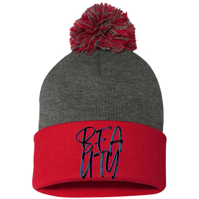 Red/Dark Heather One Size - Beauty Embroidered Pom Pom Knit Cap - Hats at TFC&H Co.