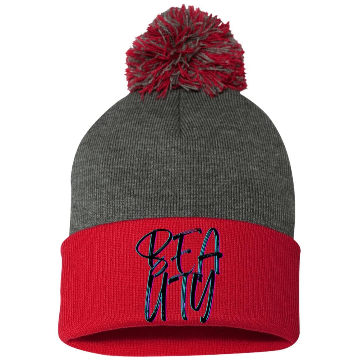 Red Dark Heather One Size - Beauty Embroidered Pom Pom Knit Cap - Hats at TFC&H Co.
