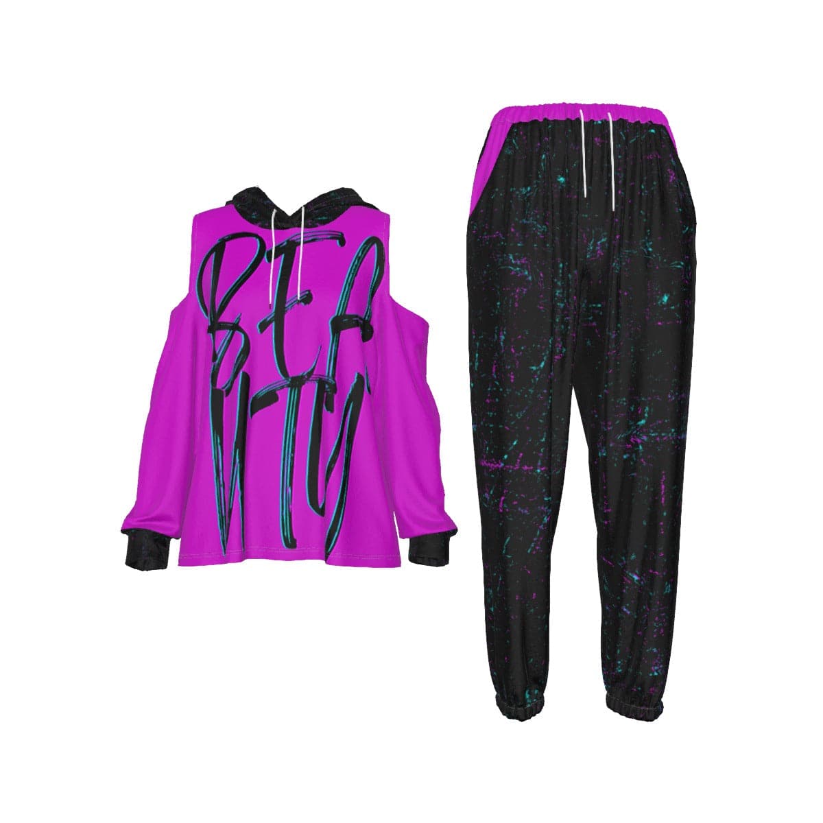 Purple - Beauty Women's Open-Shoulder Hoodie Sports Suit - womens top & pants set at TFC&H Co.