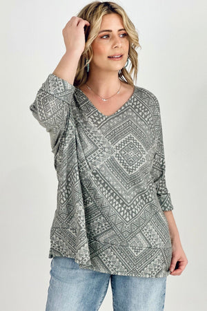 BiBi Aztec Print French Terry V Neck Top - Ships from The US - women's blouse at TFC&H Co.