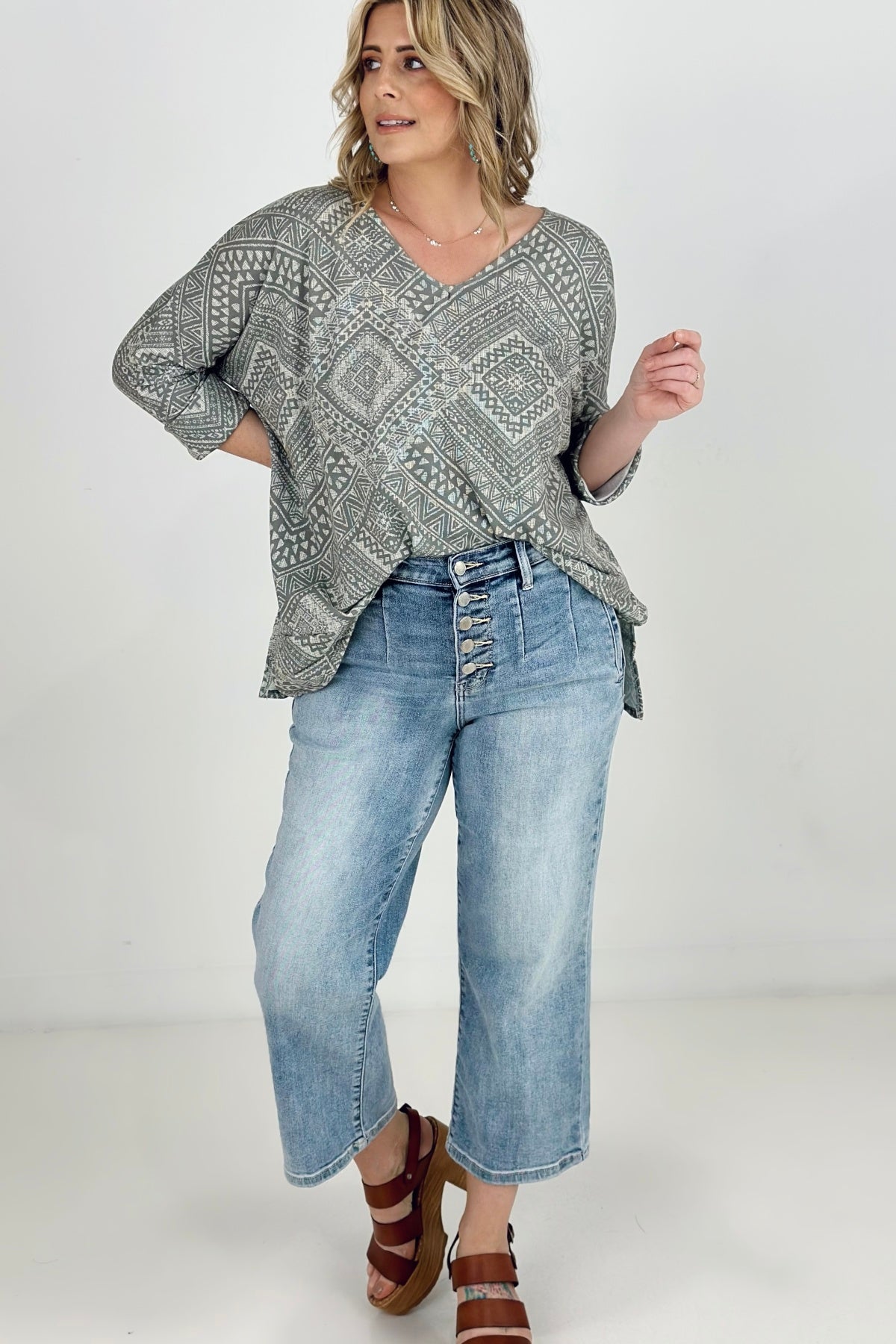 SAGE BiBi Aztec Print French Terry V Neck Top - Ships from The US - women's blouse at TFC&H Co.