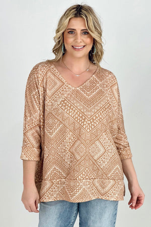 BiBi Aztec Print French Terry V Neck Top - Ships from The US - women's blouse at TFC&H Co.