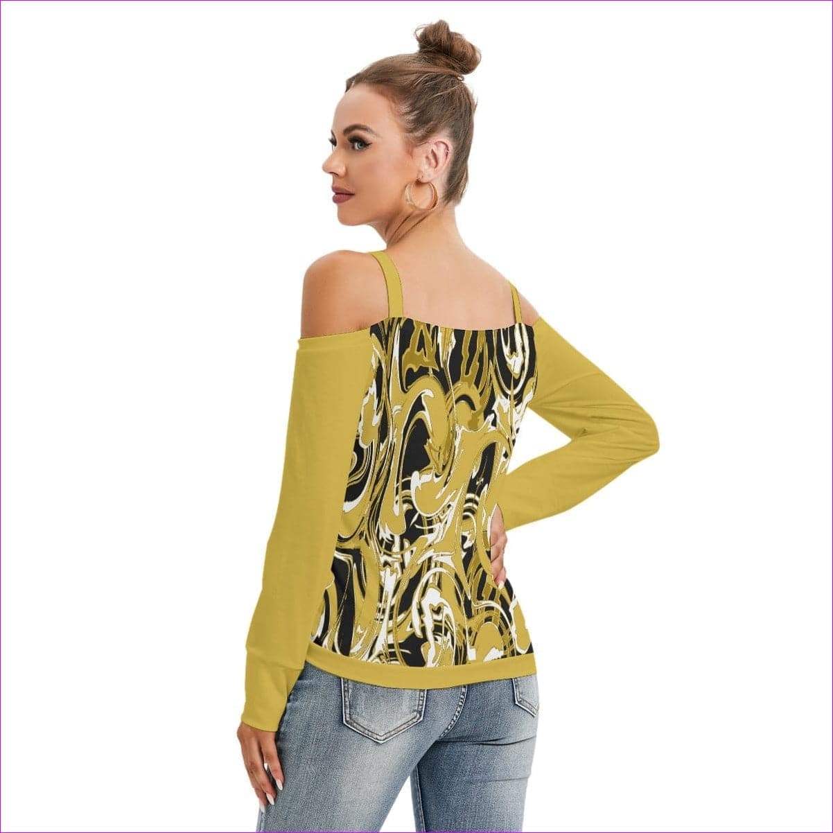 Black Ivy Distressed Gold Women’s V-neck Cold Shoulder Blouse With Long Sleeve - women's top at TFC&H Co.