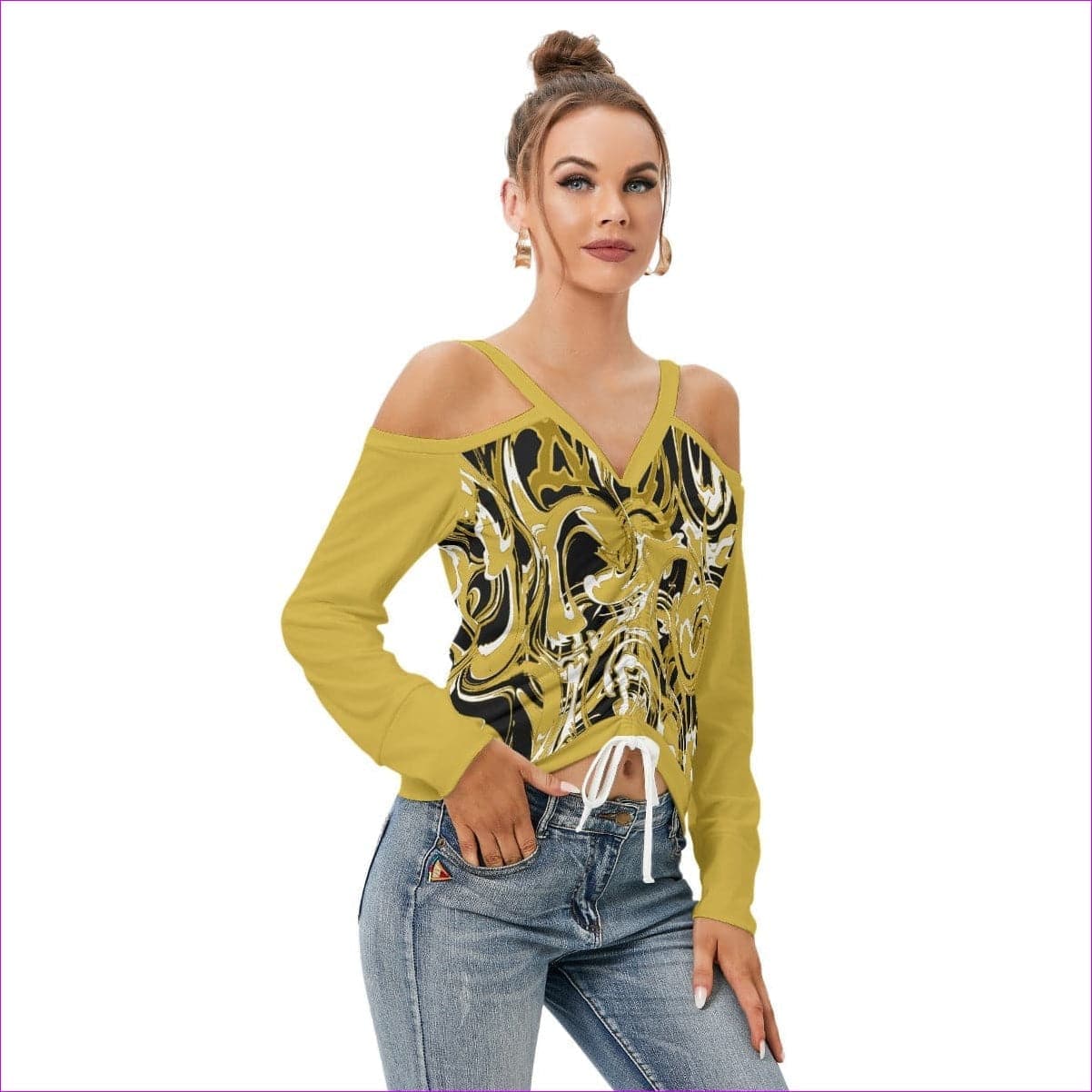 gold Black Ivy Distressed Gold Women’s V-neck Cold Shoulder Blouse With Long Sleeve - women's top at TFC&H Co.