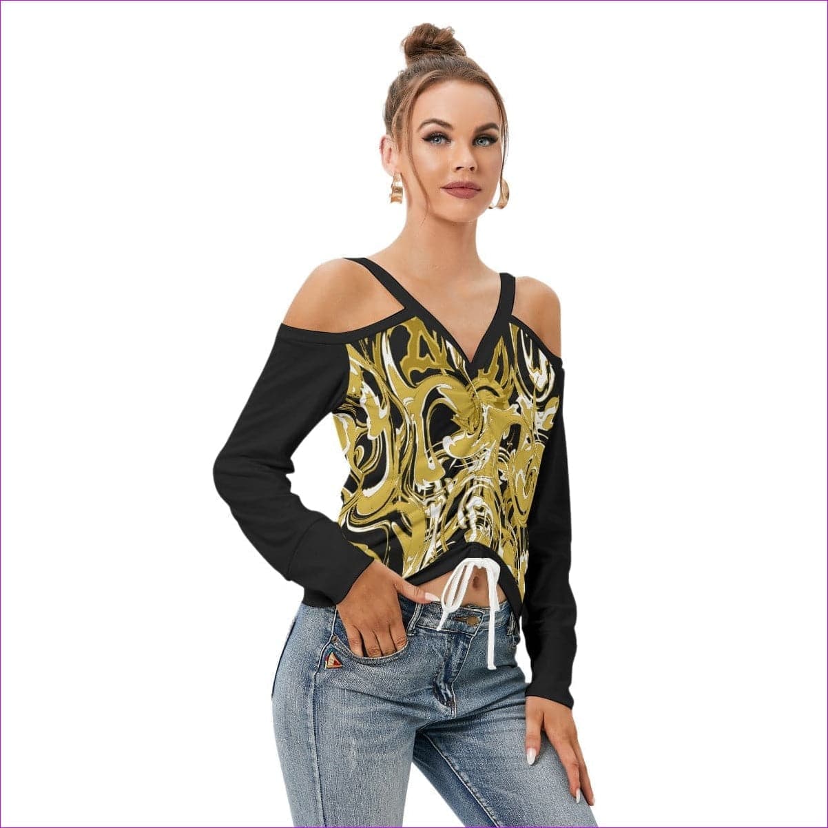 Black Ivy Distressed Women’s Black V-neck Cold Shoulder Blouse With Long Sleeve - women's top at TFC&H Co.