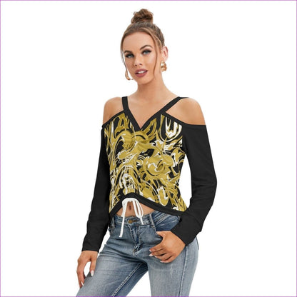 Black Ivy Distressed Women’s Black V-neck Cold Shoulder Blouse With Long Sleeve - women's top at TFC&H Co.