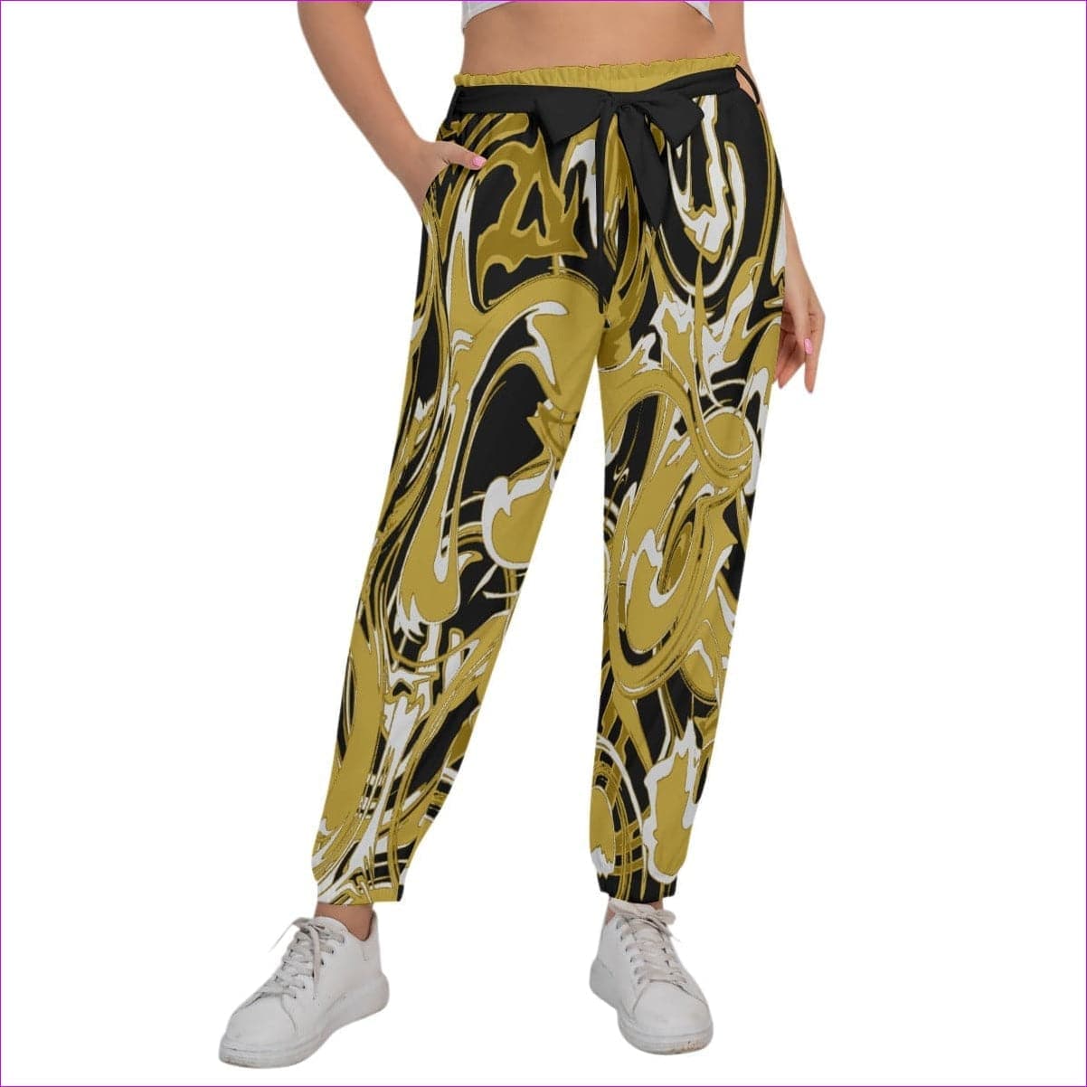 Gold Black Ivy Distressed Women’s Trousers With Waist Belt Voluptuous(+) Plus Size - women's pants at TFC&H Co.