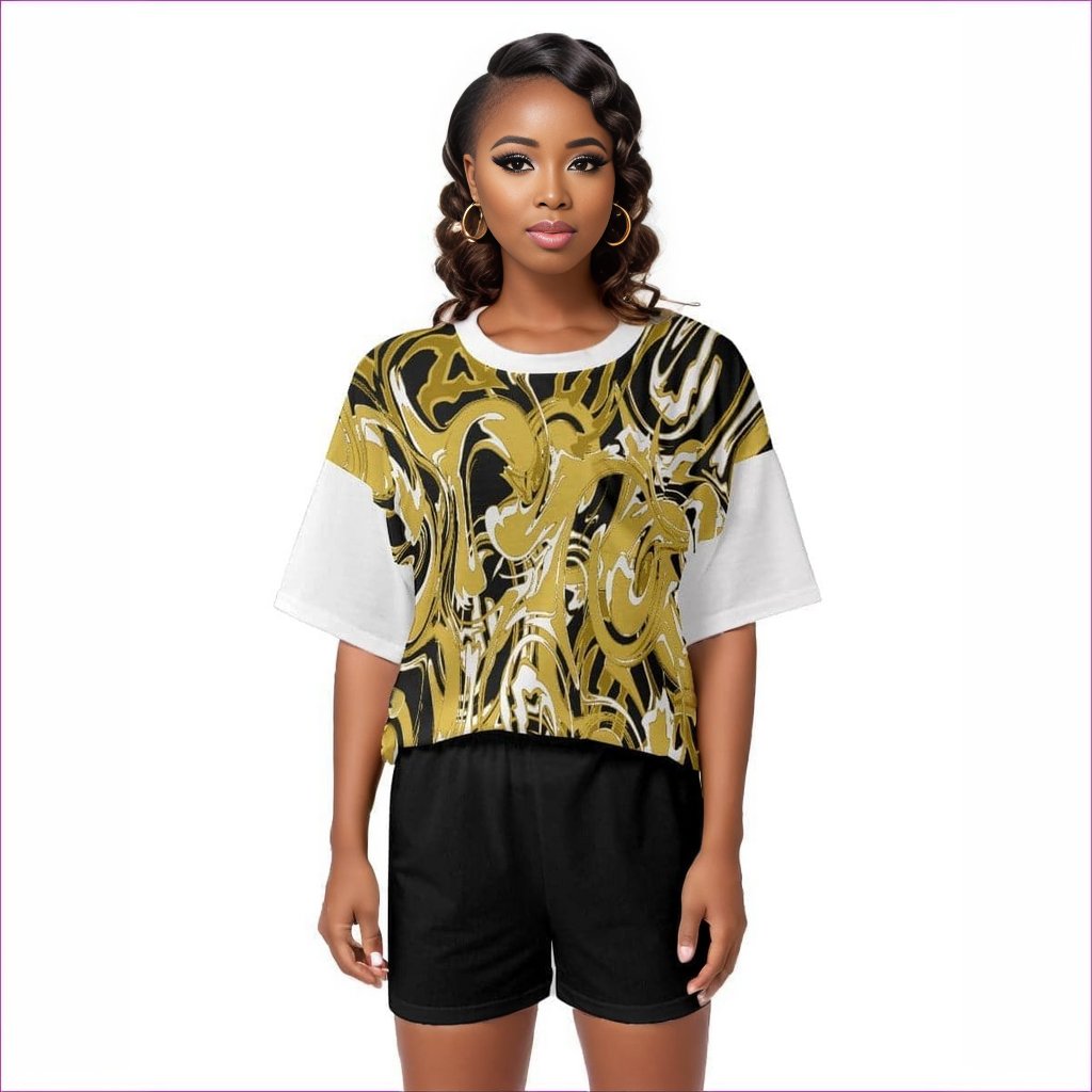 Black Ivy Distressed Womens Off-Shoulder T-shirt Short Set - women's top & short set at TFC&H Co.