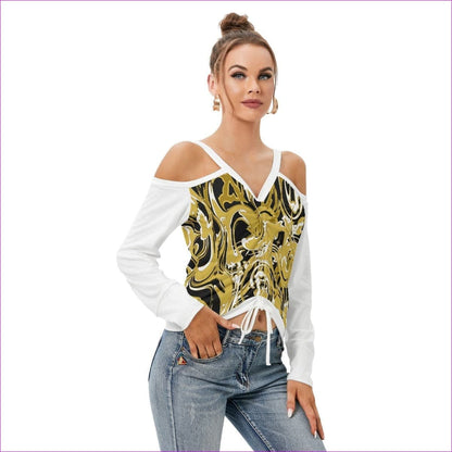 Black Ivy Distressed Women’s White V-neck Cold Shoulder Blouse With Long Sleeve - women's top at TFC&H Co.
