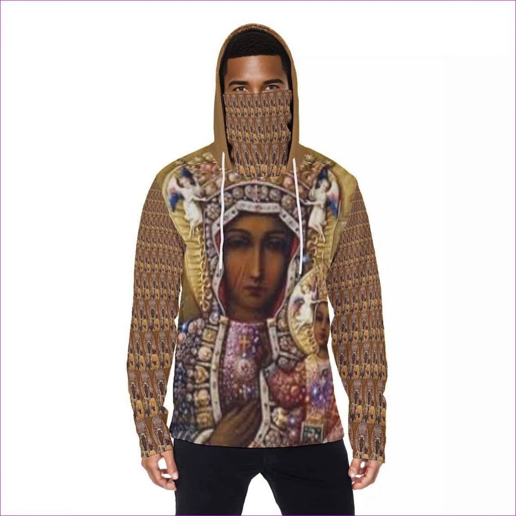 brown Black Madonna Men's Fur Lined Pullover Hoodie With Mask - Men's Hoodies at TFC&H Co.