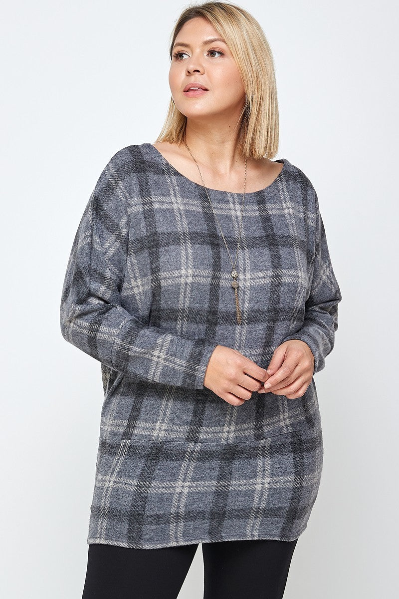 - Boat Neck Plaid Dolman Sleeves Tunic Top Voluptuous (+) Plus Size - Ships from The US - womens shirt at TFC&H Co.