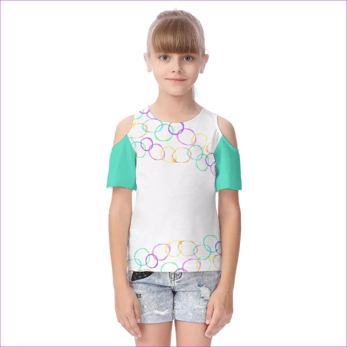 White - Bubbles Kids Cold Shoulder T-shirt With Ruffle Sleeves - kids top at TFC&H Co.