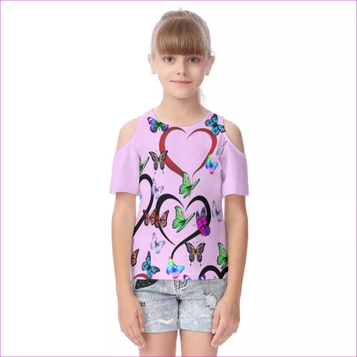 pink - Butterfly Love Kids Cold Shoulder T-shirt With Ruffle Sleeves - kids top at TFC&H Co.