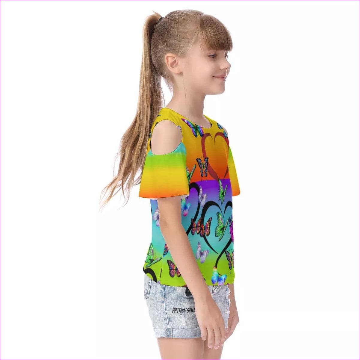 Butterfly Love Rainbow Kids Cold Shoulder T-shirt With Ruffle Sleeves - kid's top at TFC&H Co.