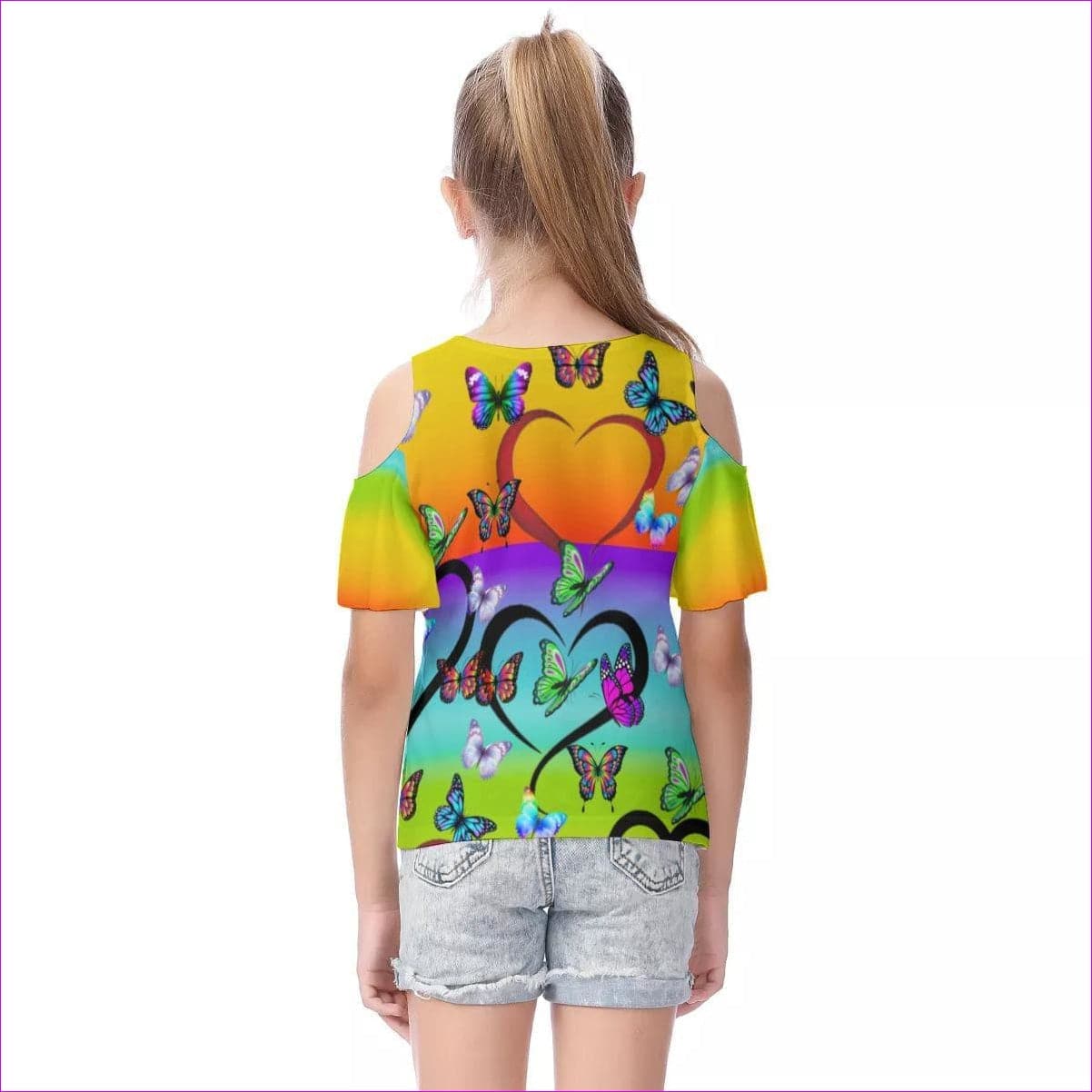 - Butterfly Love Rainbow Kids Cold Shoulder T-shirt With Ruffle Sleeves - kids top at TFC&H Co.