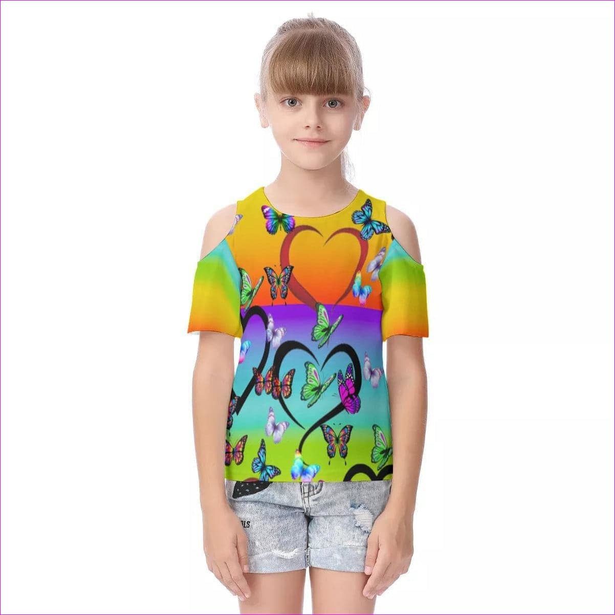 Multi-colored Butterfly Love Rainbow Kids Cold Shoulder T-shirt With Ruffle Sleeves - kid's top at TFC&H Co.