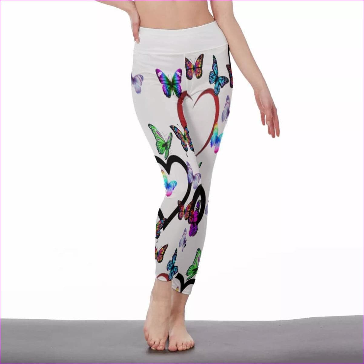 White Butterfly Love Womens High Waist Leggings | Side Stitch Closure - women's leggings at TFC&H Co.