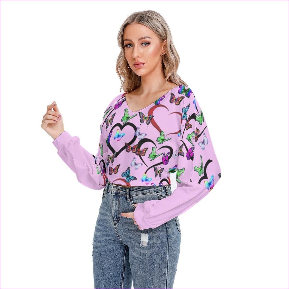 - Butterfly Love Womens V-neck Drop-shoulder Cropped Shirt - womens sweatshirt at TFC&H Co.