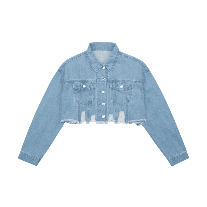 HAZE BLUE - Buxom Women's Crop Raw Hem Denim Jacket - womens denim jacket at TFC&H Co.