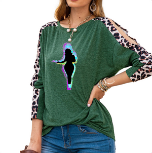 GREEN - Buxom Women's Shoulder Slit Leopard Print Top - 7 colors - womens shirt at TFC&H Co.