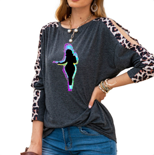 GRAY - Buxom Women's Shoulder Slit Leopard Print Top - 7 colors - womens shirt at TFC&H Co.
