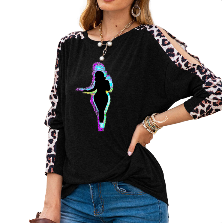BLACK - Buxom Women's Shoulder Slit Leopard Print Top - 7 colors - womens shirt at TFC&H Co.