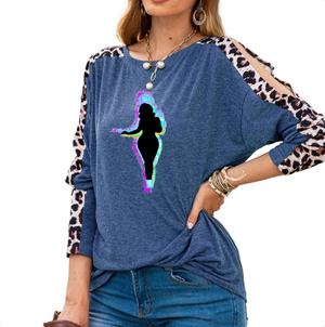 BLUE - Buxom Women's Shoulder Slit Leopard Print Top - 7 colors - womens shirt at TFC&H Co.