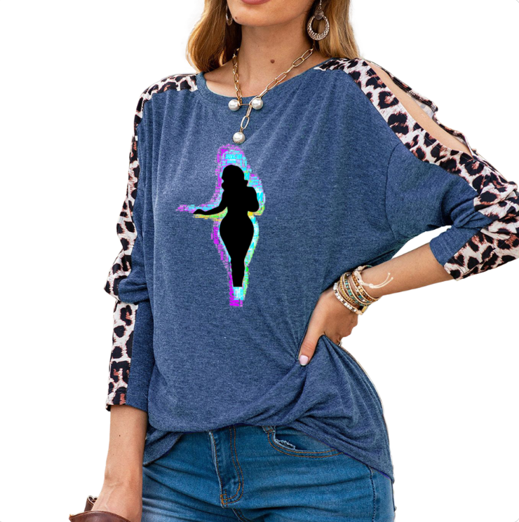 BLUE - Buxom Women's Shoulder Slit Leopard Print Top - 7 colors - womens shirt at TFC&H Co.