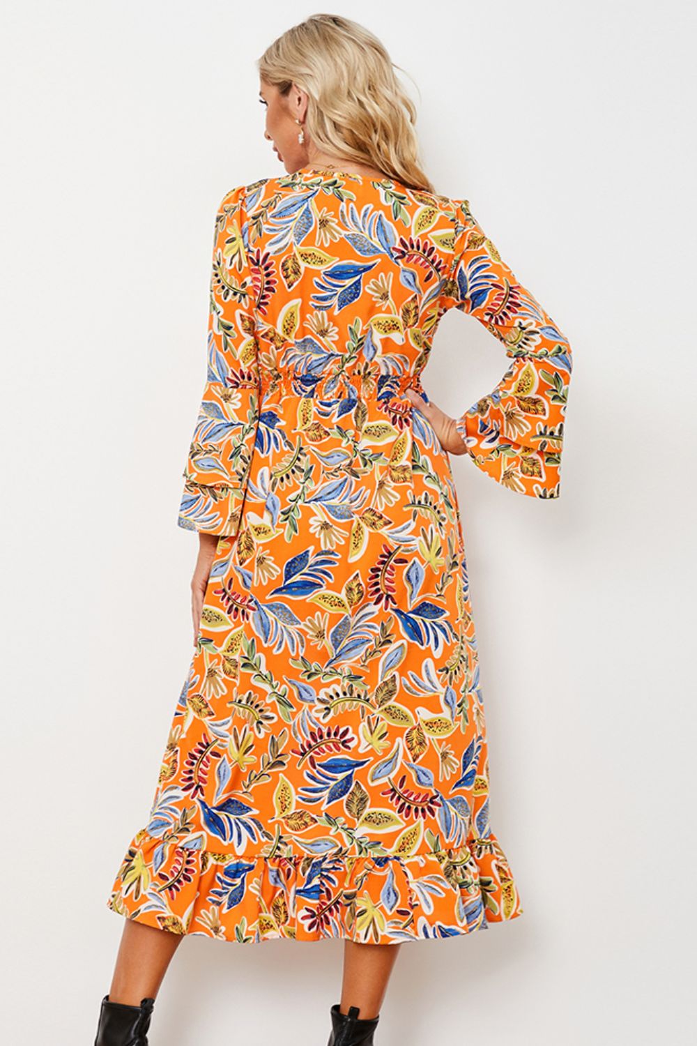 - Printed Layered Flare Sleeve Split Tied Dress - womens dress at TFC&H Co.