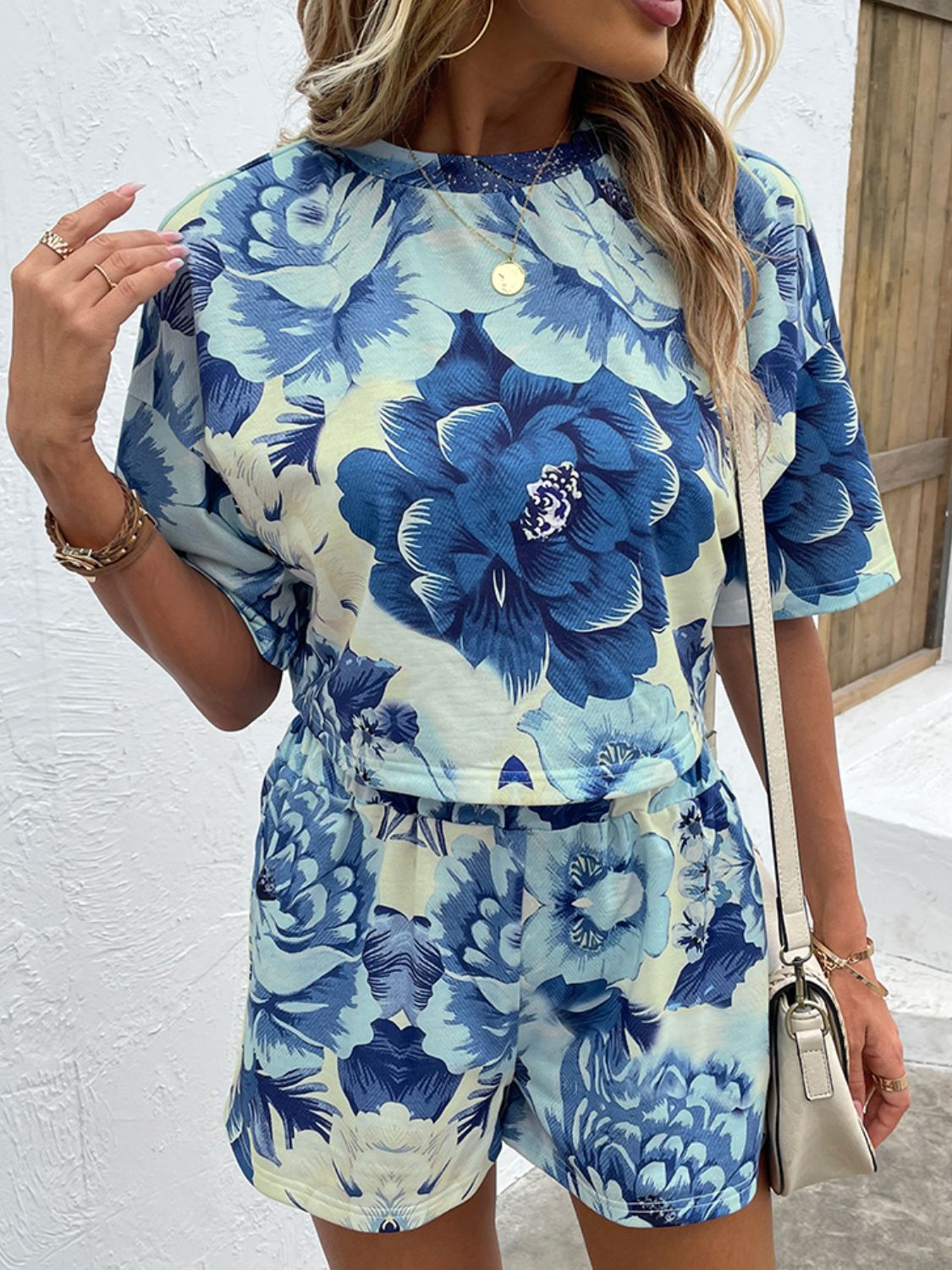 Floral Print Round Neck Dropped Shoulder Half Sleeve Top and Shorts Set - women's short set at TFC&H Co.
