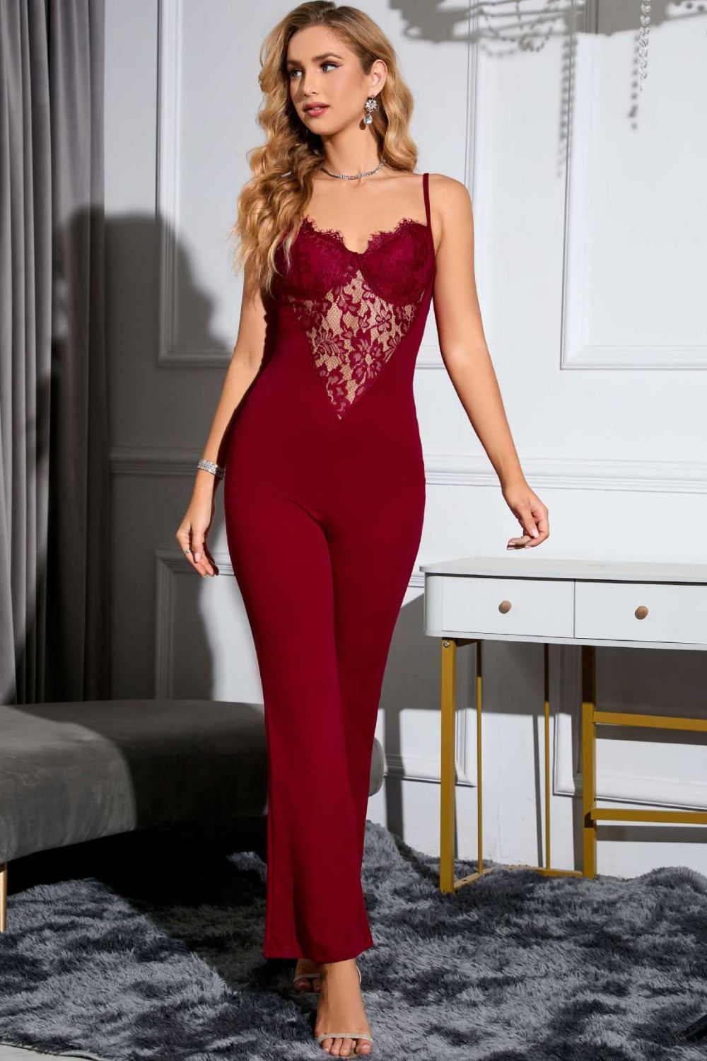 - Spliced Lace Sweetheart Neck Flare Leg Jumpsuit - womens jumpsuit at TFC&H Co.