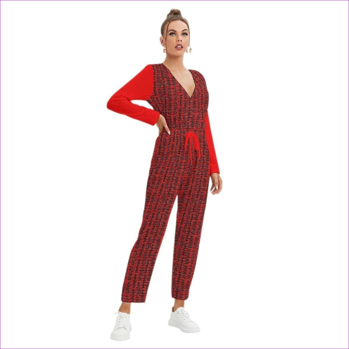 - Caged Fire Womens V-neck High Waist Red Jumpsuit - womens jumpsuit at TFC&H Co.