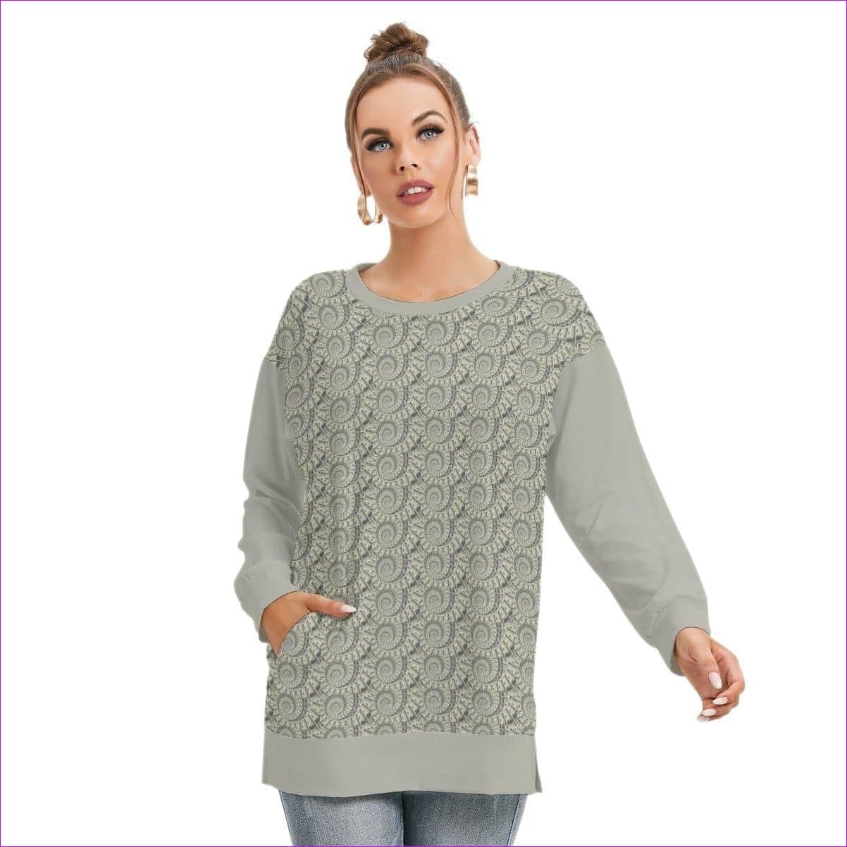 Khaki - Cash Womens Side Split O-neck Sweatshirt - womens sweatshirt at TFC&H Co.
