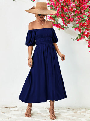 - Off-Shoulder Balloon Sleeve Midi Dress - colors - womens dress at TFC&H Co.