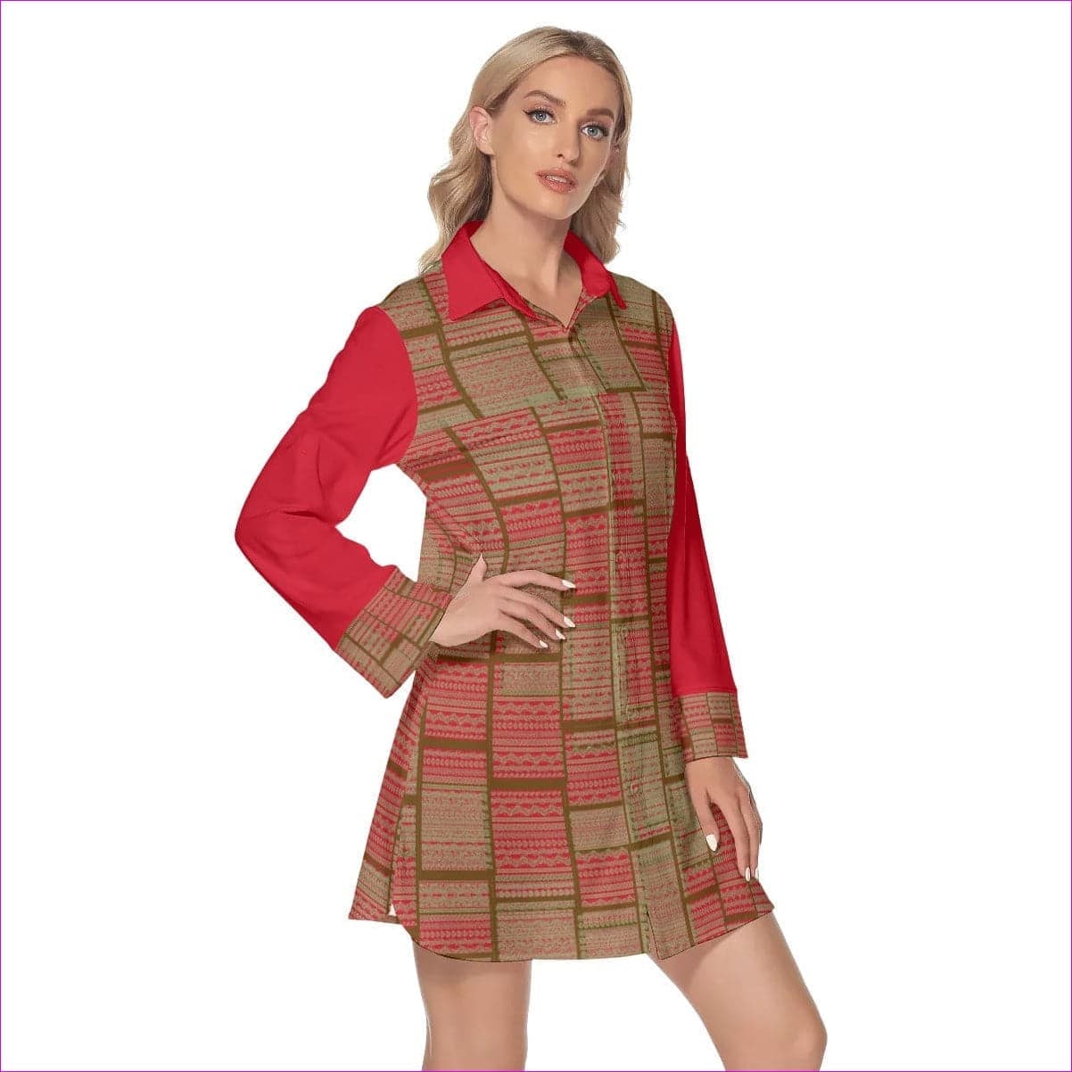 Red Chained 2 Womens Lapel Shirt Dress With Long Sleeves - women's dress at TFC&H Co.
